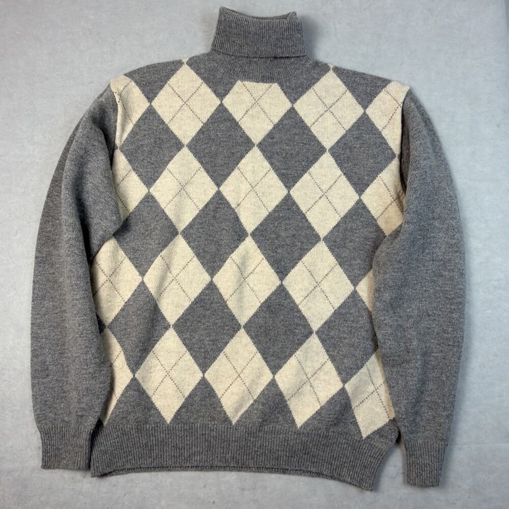 SHIPS English Argyle‎ Pullover Lambswool Sweater Turtleneck Mens L Gray Cream